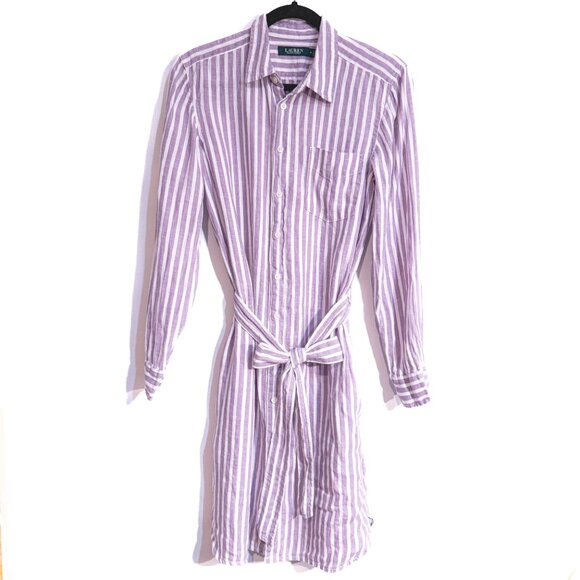 Lauren Ralph Lauren Linen Dress Lavender Striped Belted Pockets Women's Size M - Picture 3 of 8